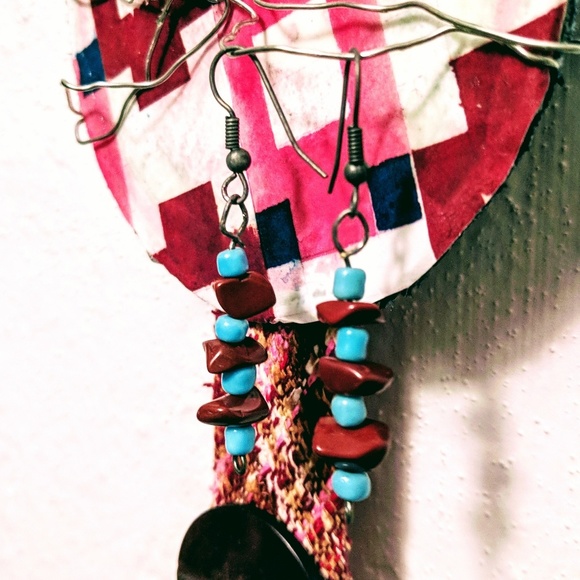 Navaho Turquoise & Rust Orange Dangle Earrings - Picture 2 of 3